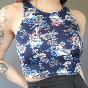 Navy Blue Light Floral Sleeveless Crop Top